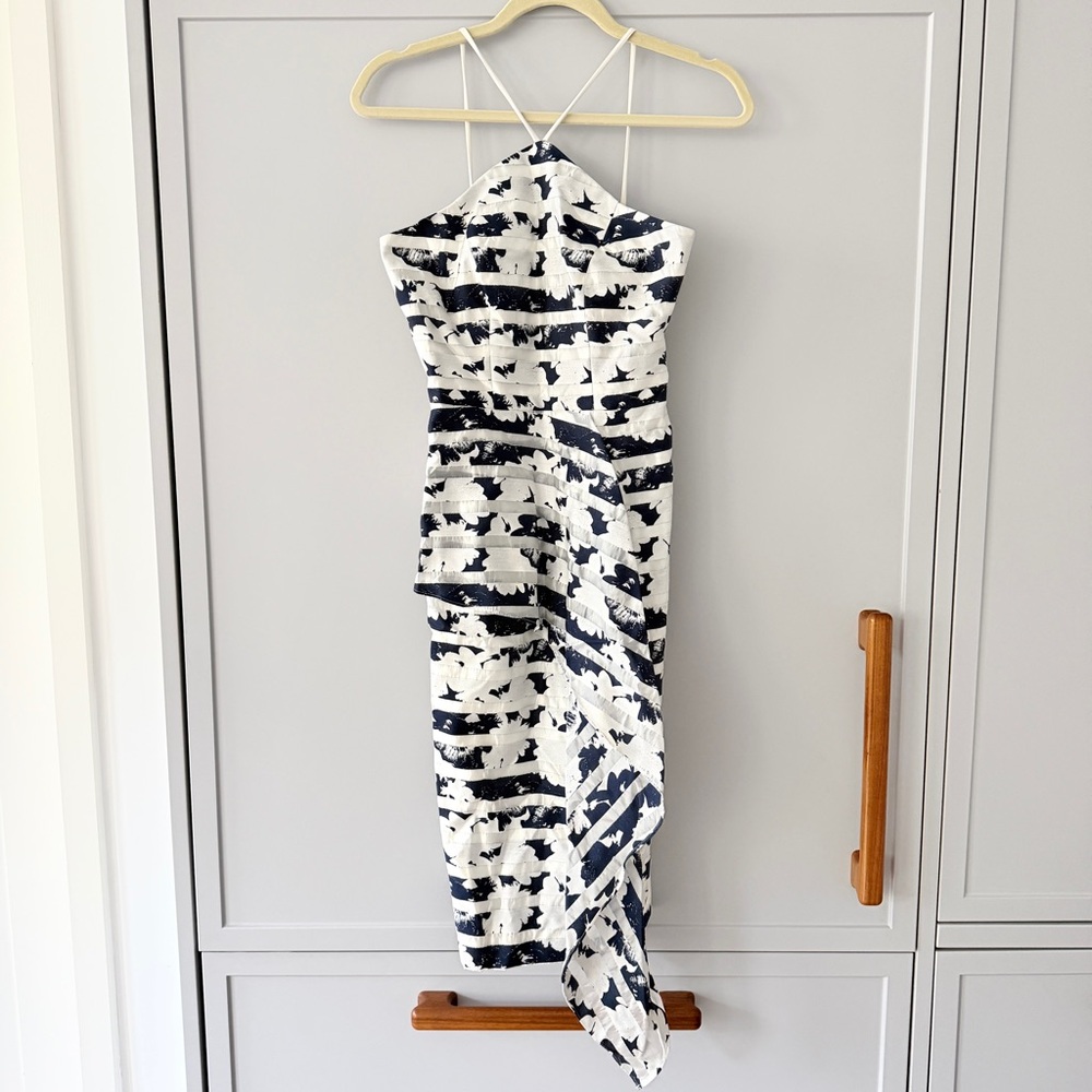 Vintage High-Neck Navy & White Printed Midi Dress from Black Halo (Size 2)